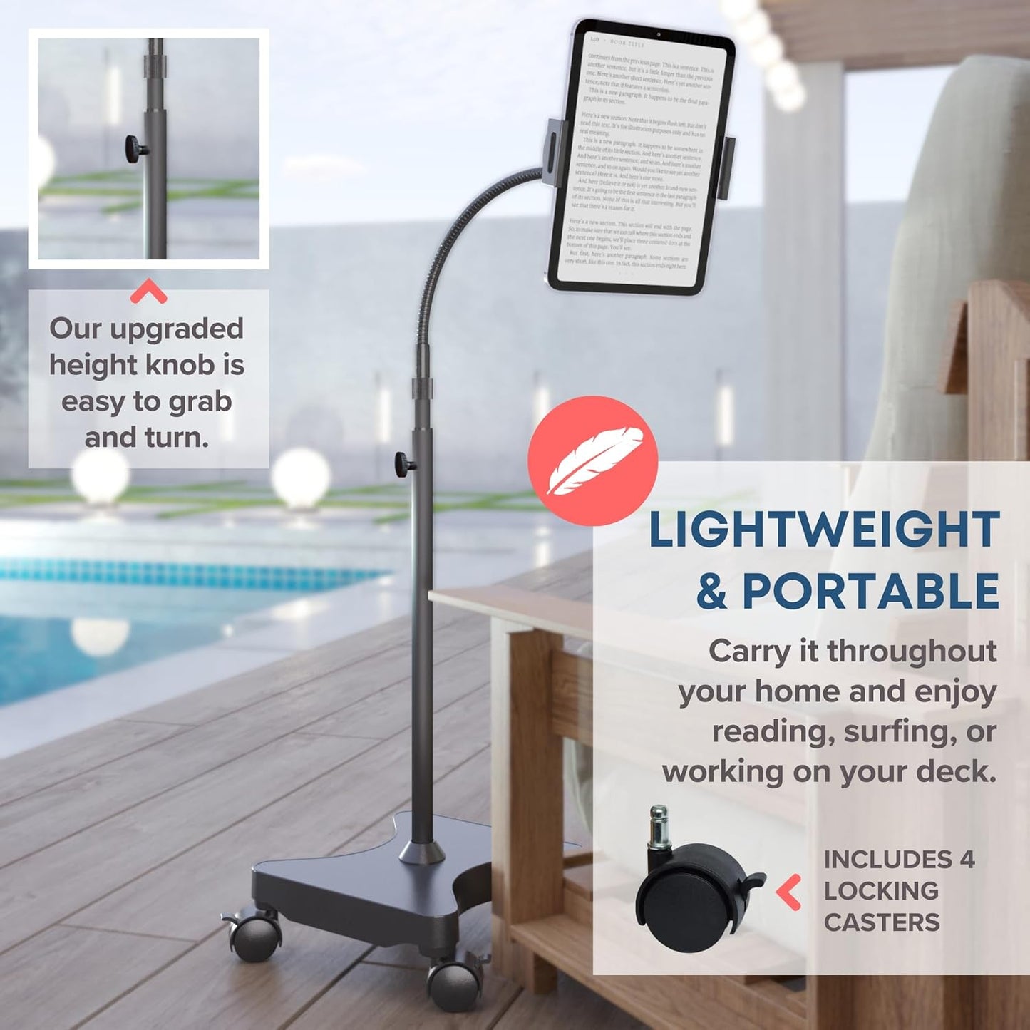 LEVO Rolling Gooseneck Tablet Floor Stand, iPad & Phone Holder, Black | Adjustable height 30-60 in, sturdy bendable arm, locking casters, overbed reach for bed, desk, workout, reading and streaming