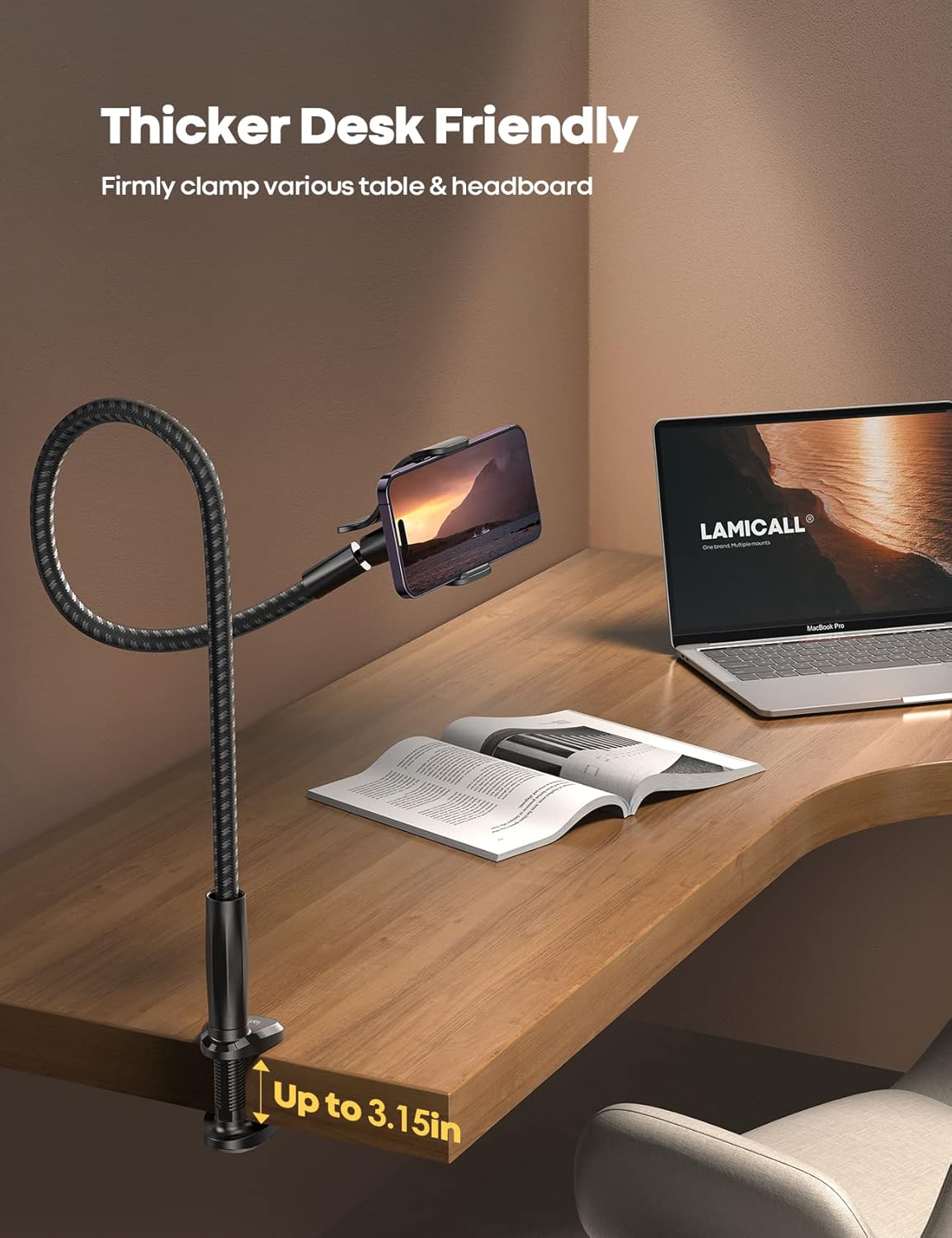 Lamicall Nylon Braided Gooseneck Phone Holder for Bed, 38" Overall Length | 360° Rotating Phone Clamp, Aluminum Core Flexible Arm, Stable Hands-Free Viewing for Bed, Desk, Headboard, Fits 4-7" Phones