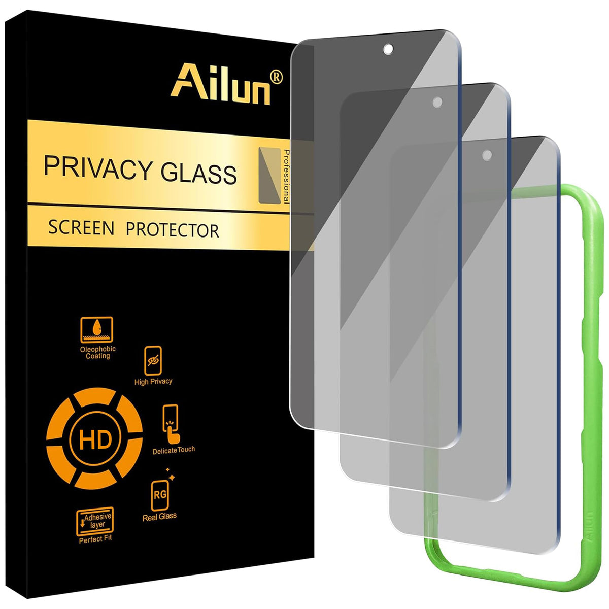 Ailun 3 Pack Privacy Screen Protector for iPhone 17 / iPhone 16 Pro | 6.3 inch, Anti Spy Private, Tempered Glass, Installation Frame, Case Friendly