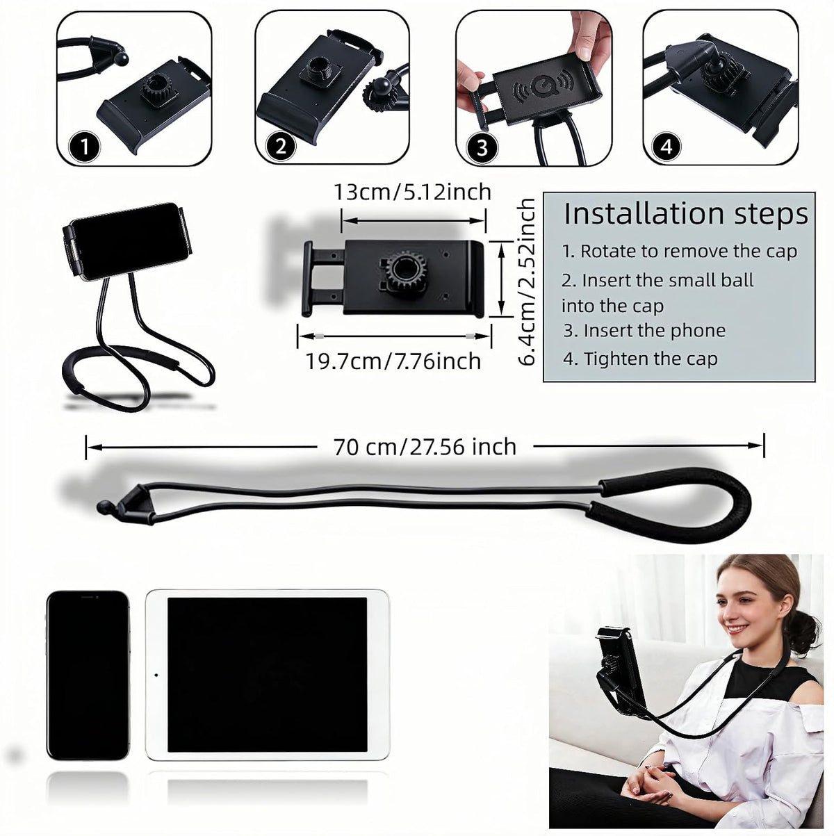 Lazy Phone Holder, 27.6" Flexible Arm Phone Mount, Black | Universal Hands-Free Neck & Desk Stand, 360° Rotatable DIY Smartphone Bracket, For Bed, Couch, Car, Office