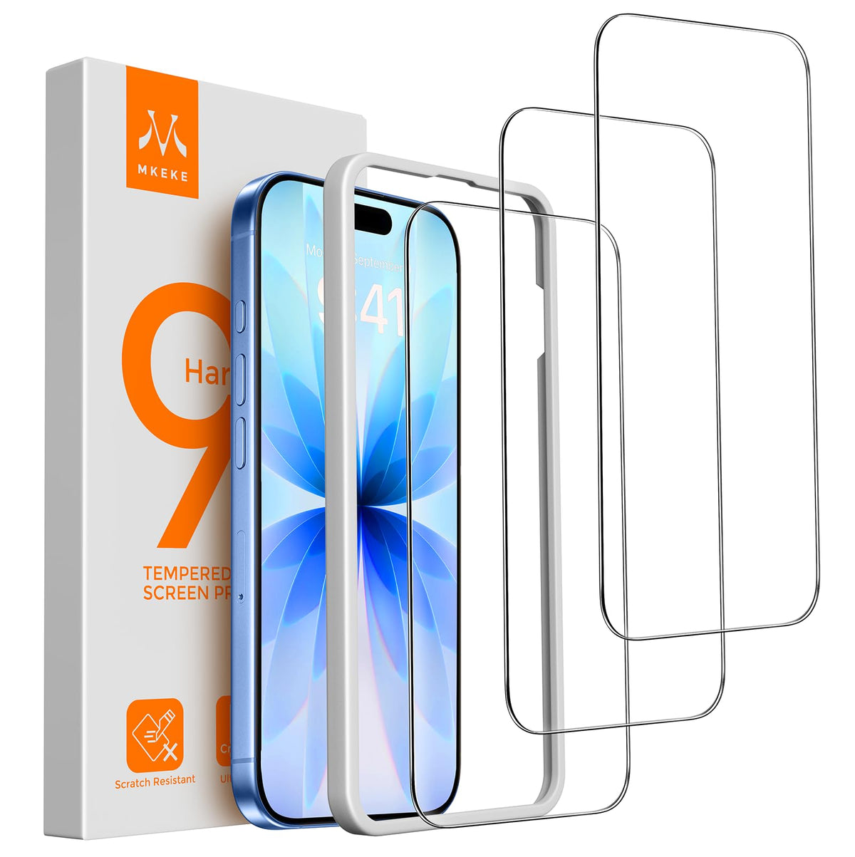 Mkeke Screen Protector for iPhone 16 Pro, 3 Pack 9H+ Tempered Glass | Military-Grade Drop Protection [Sensitive Touch] [Easy Installation Frame] [99.99% HD Clear] Bubble-Free for 6.3 inch