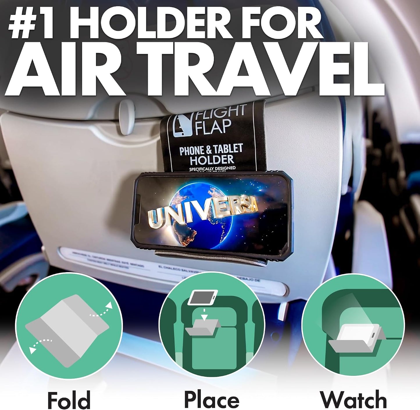 Airplane Phone Holder - Foldable Phone Stand for Plane Travel | Aluminum Build, 9 x 4.3 in. Matte Black Finish, Tabletop Mount Desk, Plane Tray Seat back, Treadmill, Fits iPhone Cell Phone