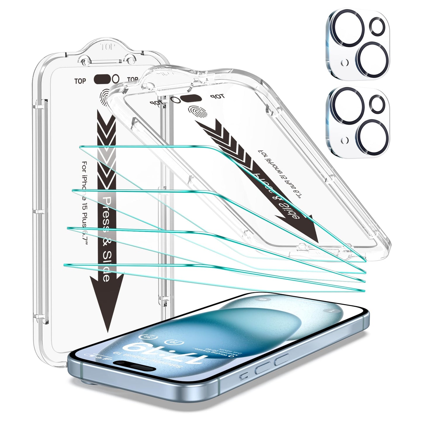 EZ-GLAZ-4+2 Pack for iPhone 15 Screen Protector (6.1") HD Clear | 2-Pack Lens Protectors, Alignment Kit, Easy Installation, Case-Friendly, 9H+ Tempered Glass, Scratch Resistant, Ultra Clear