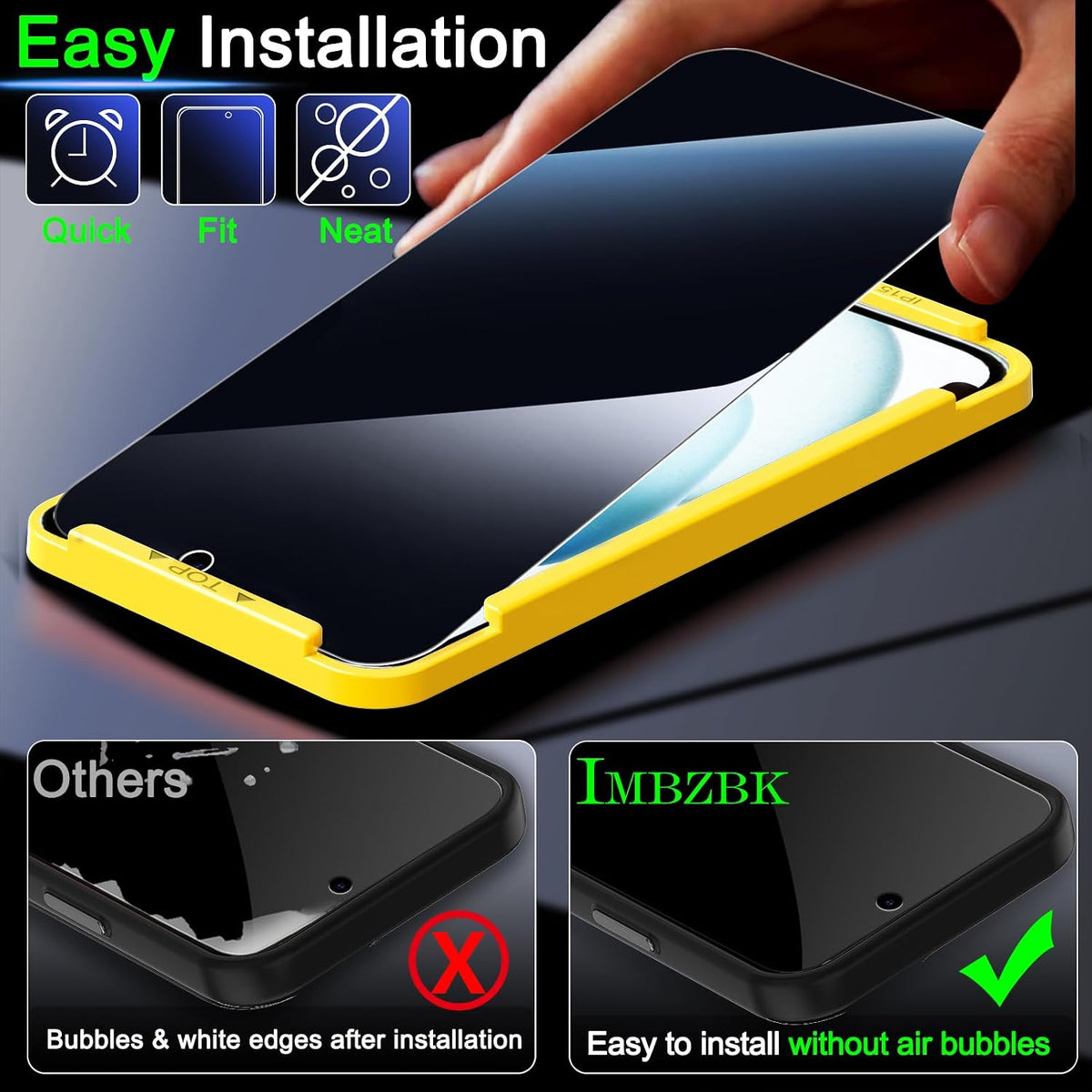 IMBZBK 3 Pack Privacy Screen Protector for iPhone 15,Tempered Glass | 9H+ Hardness, Military Grade Shatterproof, Case Friendly, Bubble Free Easy Installation Frame, with 3 Camera Lens Protectors