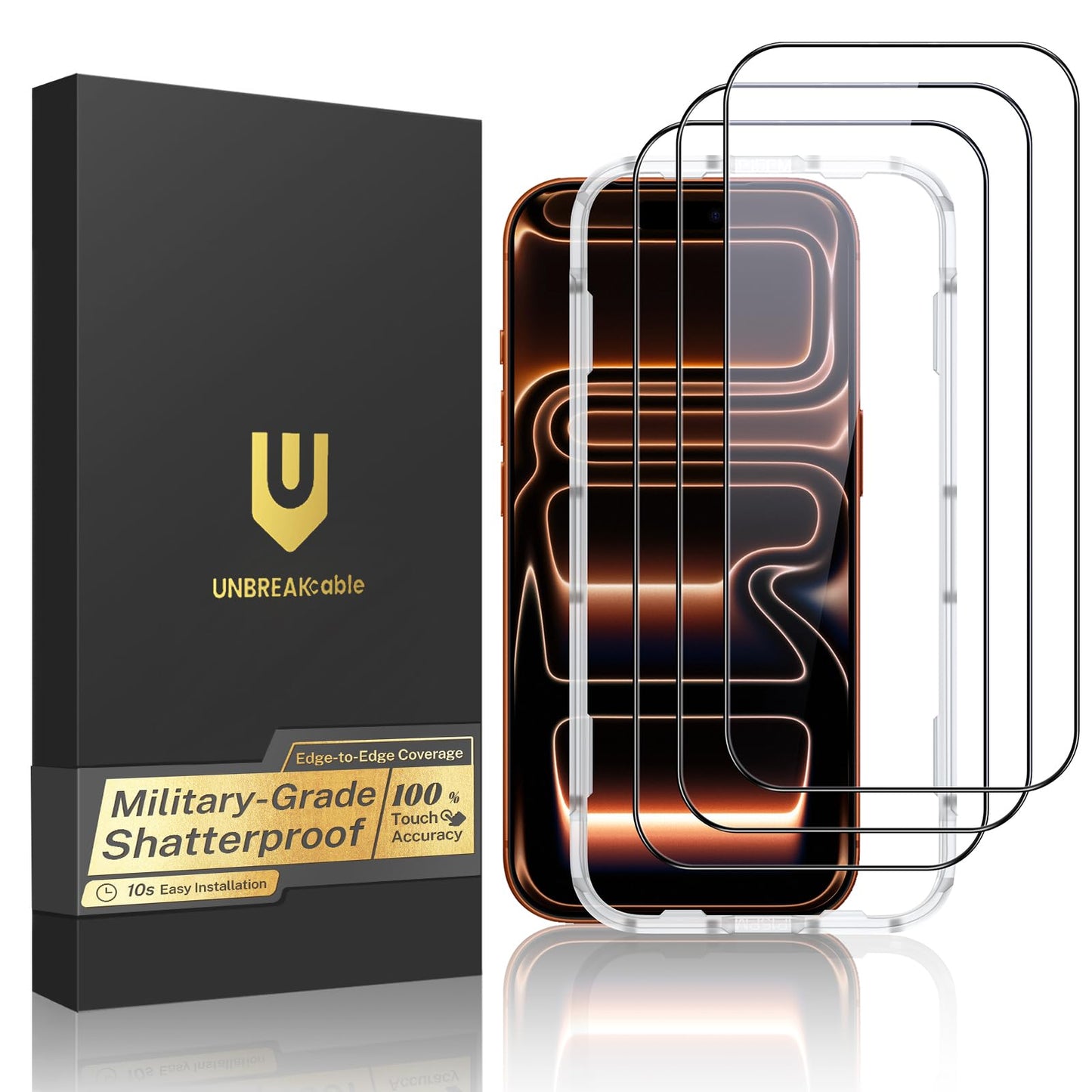 UNBREAKcable for iPhone 16 Screen Protector, 3-Pack Full Coverage Tempered Glass [Military Grade Shatterproof] [9H Hardness] [Easy Installation Frame] [Bubble Free] for iPhone 16 6.1"