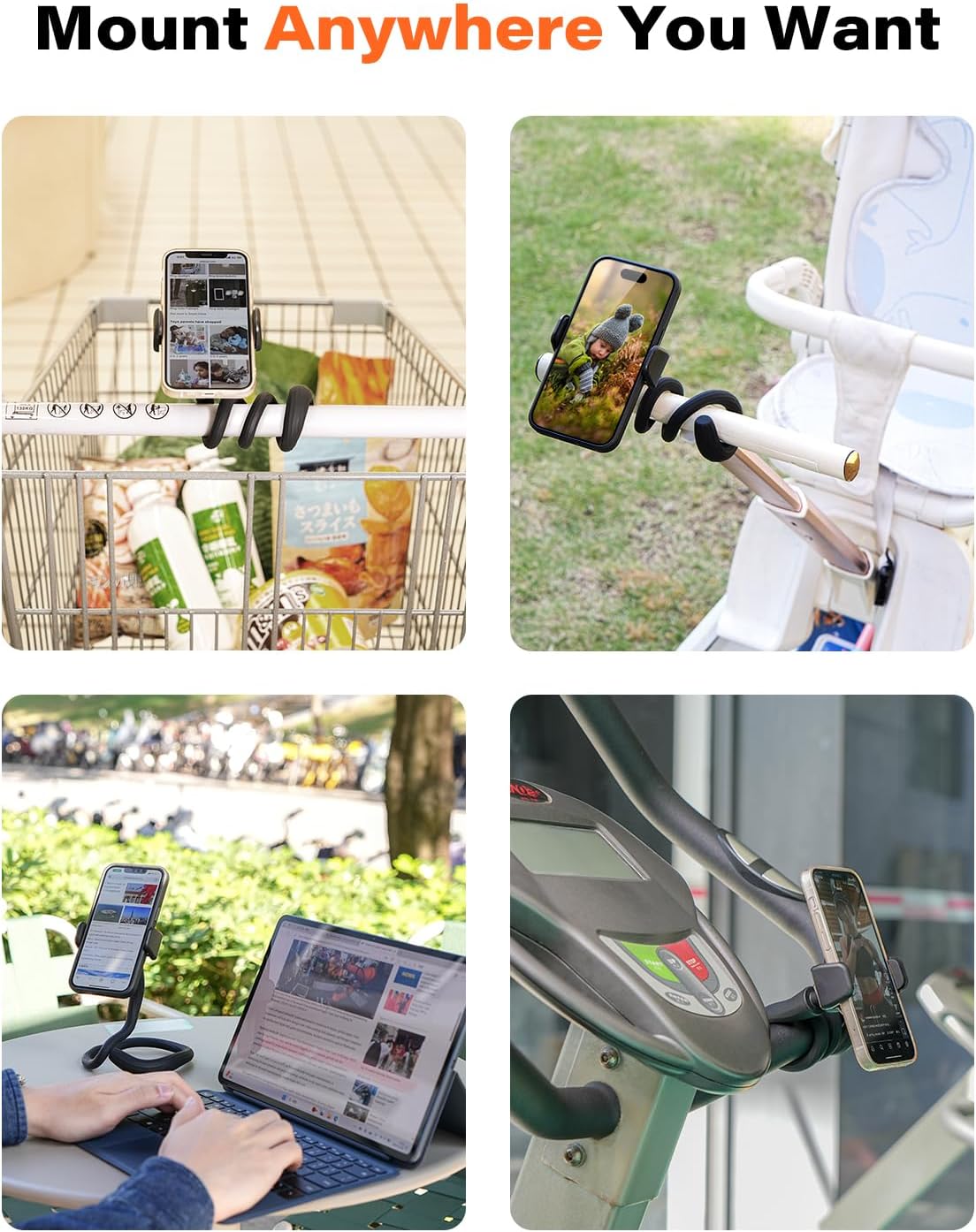 A2C Flexible Phone Holder for Treadmill, Treadmill Phone Mount for Gym | Gooseneck Phone Holder for Peloton, Stroller, Shopping Cart, Desk, Portable Gym Accessories Phone Holder, Gift for Men Women