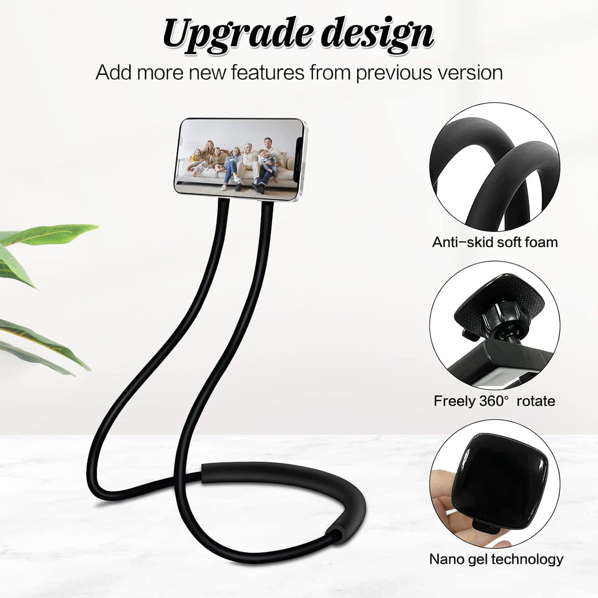 Phone Holder for Bed, Upgraded Neck Phone Holder Lazy Phones Stand 360°Rotation Gooseneck Phone Support Hands Free for 4-10in Phones (Black)