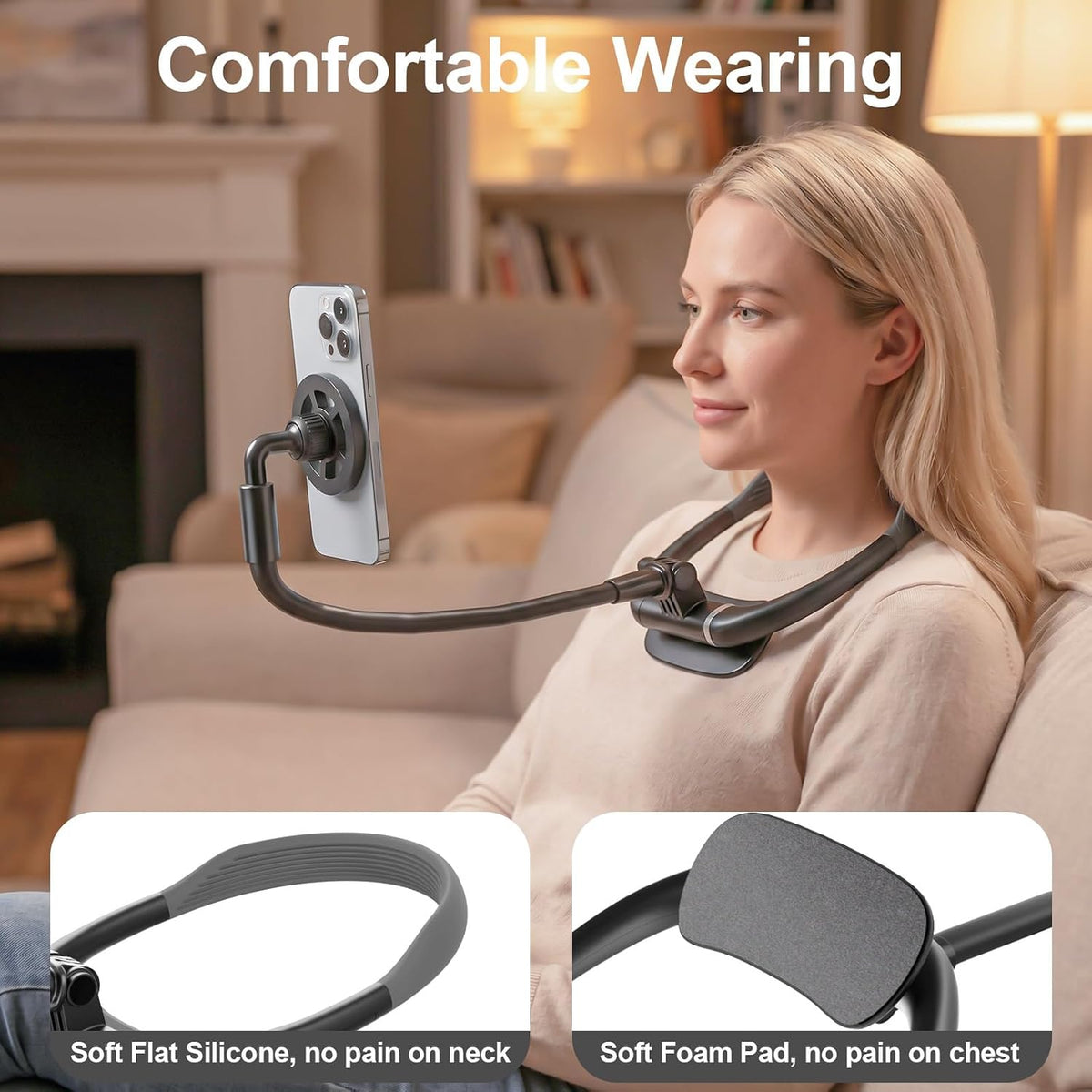 Magnetic Neck Phone Holder for Reading in Bed, One-Hand Operation Comfortable Lazy Cell Phone Mount for iPhone, Around Neck for Video Recording Watch Movies
