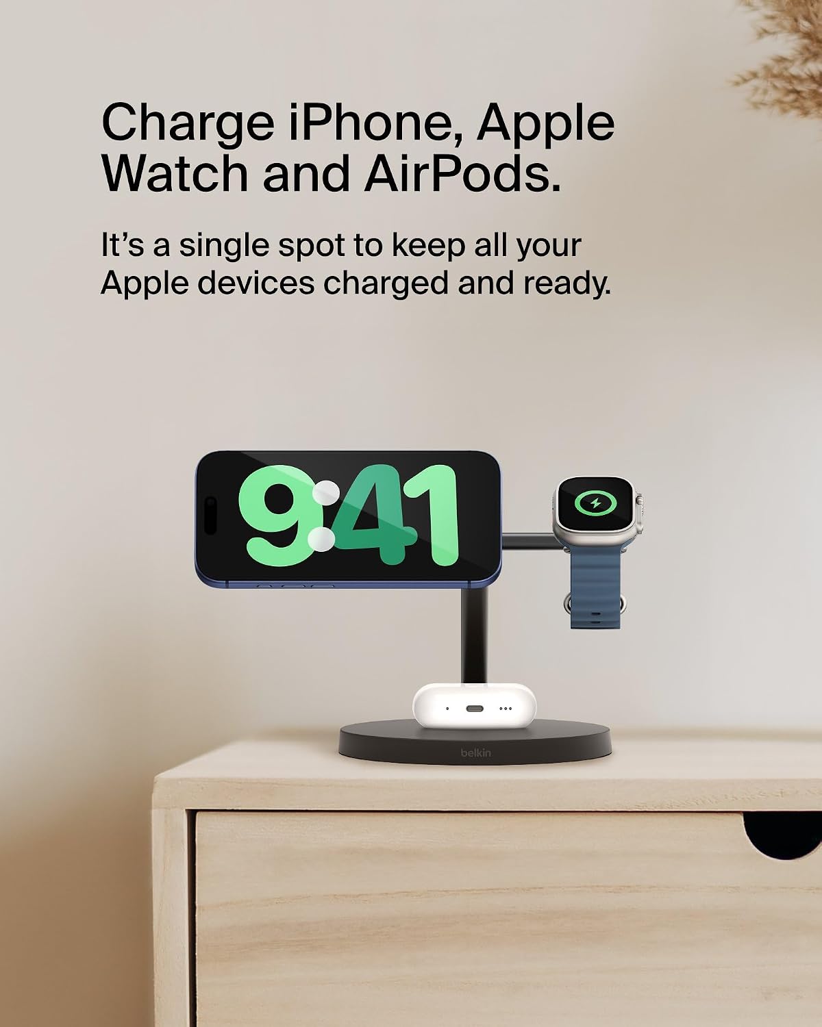 Belkin Qi2 15W Wireless Charging Station, 3 in 1 iPhone Charger | Fast Charging, MagSafe Compatible, iPhone 17/16/15, Apple Watch, AirPods, Travel Charger, Magnetic