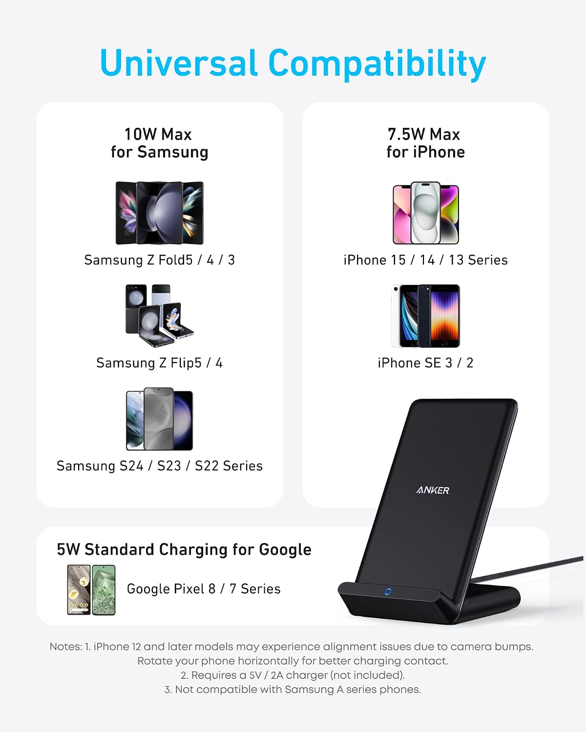 Anker 313 Qi-Certified 10W Max Wireless Charger Stand | Fast Power for iPhone 15 / 14 / 13 / 12 / 11 / X / 8, Galaxy S23 / S22, and More (Micro-USB Cable, Adapter Not Included)