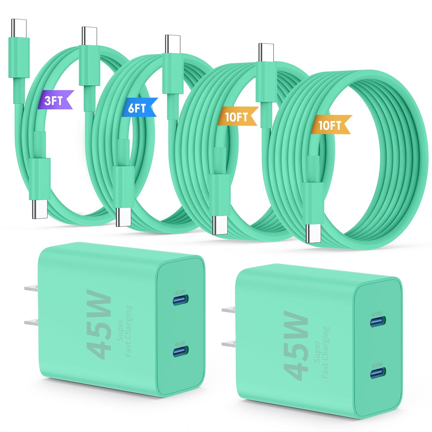 QZIIW Super Fast Samsung Charger Type C,45W Dual Port USB C Fast Charger | Extra Long 60W 3/6/10/10FT USB C Cable - [2-Pack]PD Quick Charging 3.0 For Samsung Galaxy S26 S25 Ultra/S24+/S23 iPhone 17 16