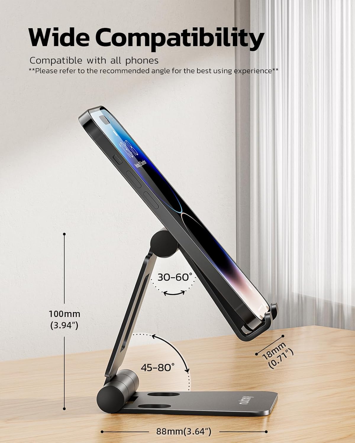 Nulaxy 2 Pack Aluminum Dual Folding Cell Phone Stand for Desk, Black&Silver | Height Angle Adjustable, Portable Phone Holder Fits 18mm Thick Case, Anti-Slip Base, Smartphone Desktop Essential Accessory
