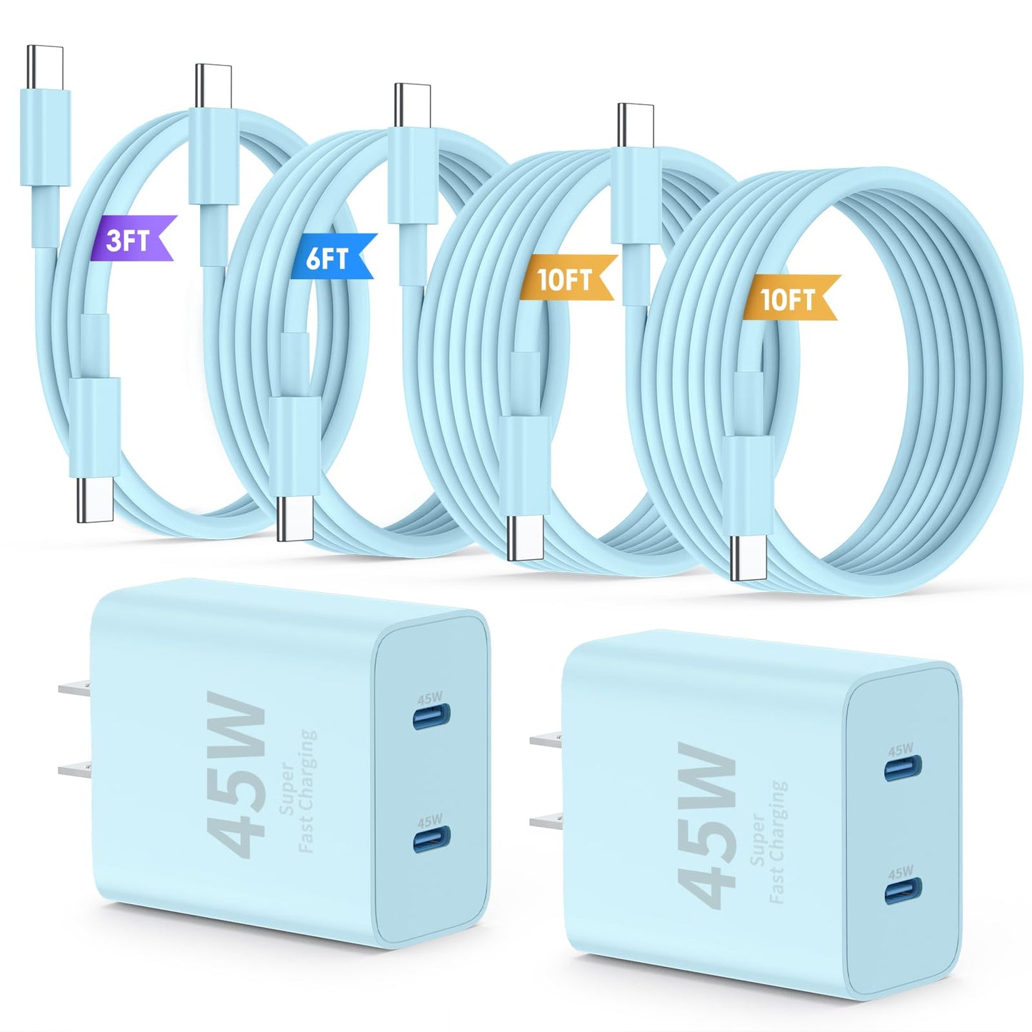 QZIIW Super Fast Samsung Charger Type C,45W Dual Port USB C Fast Charger | Extra Long 60W 3/6/10/10FT USB C Cable - [2-Pack]PD Quick Charging 3.0 For Samsung Galaxy S26 S25 Ultra/S24+/S23 iPhone 17 16