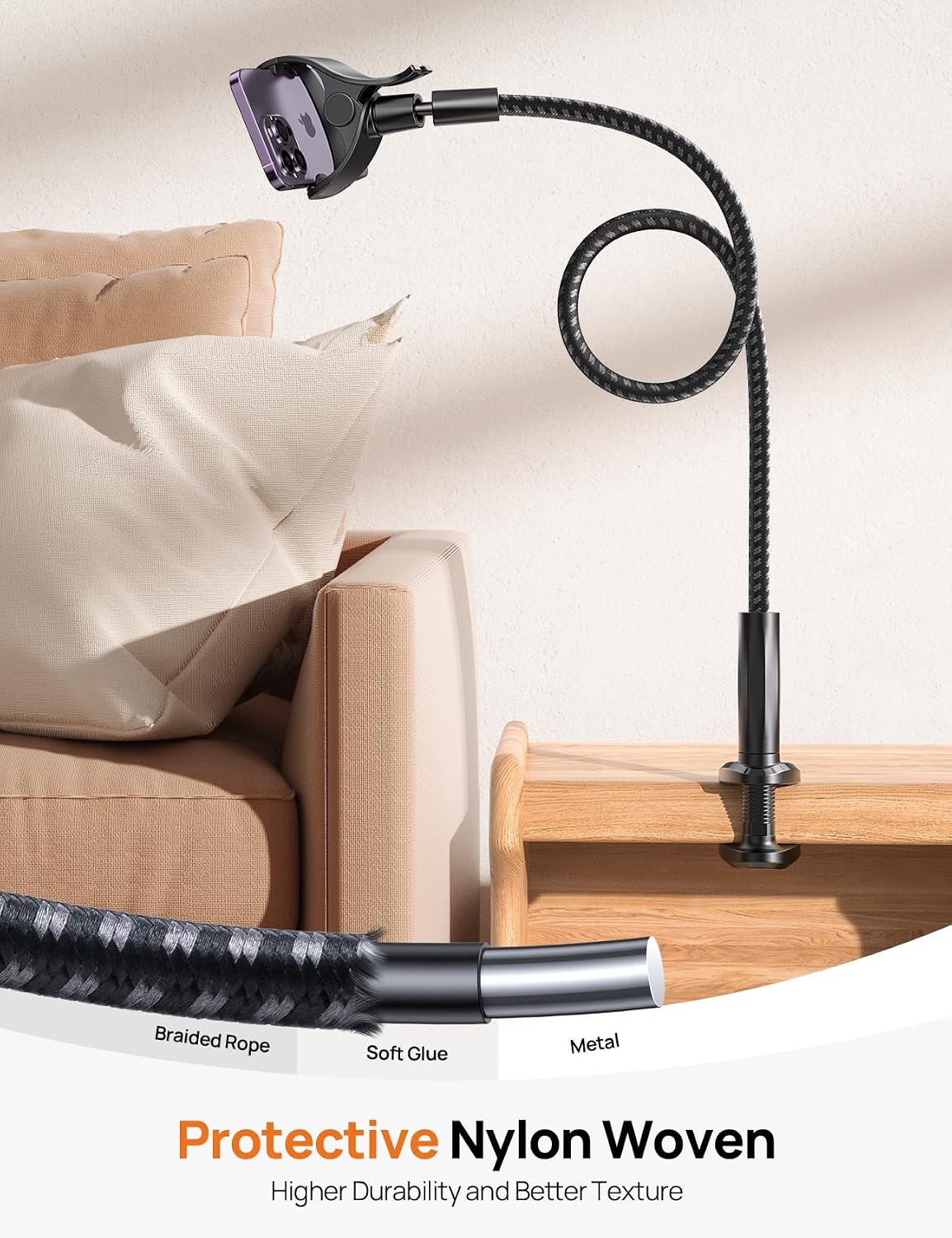 Gooseneck Phone Holder for Bed - [Unique Nylon Braid] 38” Long Flexible Lazy Arm Clip, 360 Adjustable Overhead Phone Mount for iPhone 15 14 13 12 11 Pro Max Mini Plus, All 4-7" Cellphone