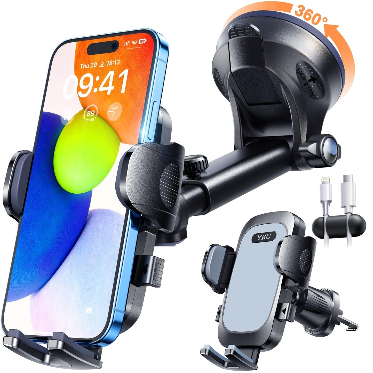 YRU True Military-Grade [360° Rotation Suction] 2026 Ultimate Car Phone Holder Mount【90+LBS Safest Strongest & Patent Certs】 Dash Windshield for iPhone 17 16 Pro Max Speakerphones, Gloss Black