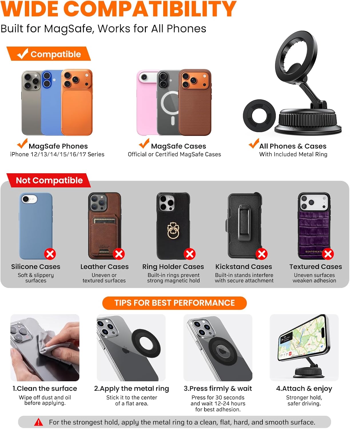 Magnetic Car Phone Holder, for MagSafe Car Mount, Nano Gel Suction Car Phone Mount for Dashboard, Cell Phone Stand for Your Car, 360°Rotatable & Foldable for iPhone 17 16 15 14 13 12 Series