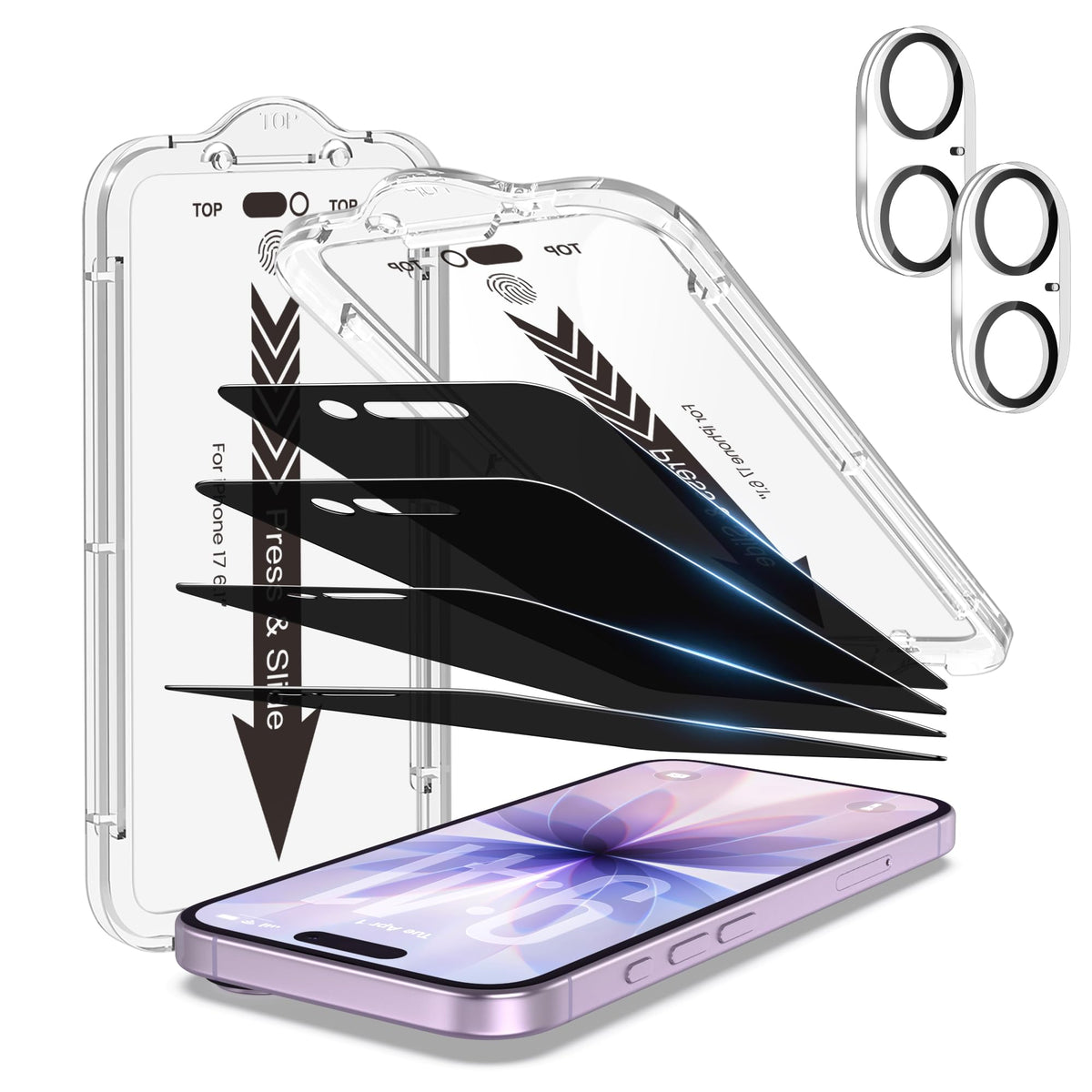 EZ-GLAZ-4+2 Pack for iPhone 15 Plus Privacy Screen Protector (6.7") | 2-Pack Lens Protectors, Alignment Kit, Easy Installation, 9H+ Tempered Glass, Scratch Resistant, 28° Privacy Protection