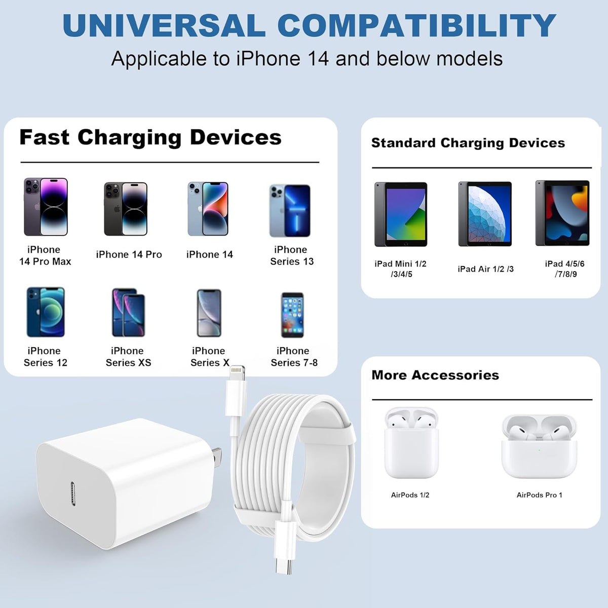iPhone Charger Fast Charging, USB C Charger Block, 6FT/10FT Lightning Cable | For Apple iPhone 14/13/12/11 Series, 2-Pack 6FT/10FT Long USB C to Lightning Cables, AirPods with Lightning Charging Case