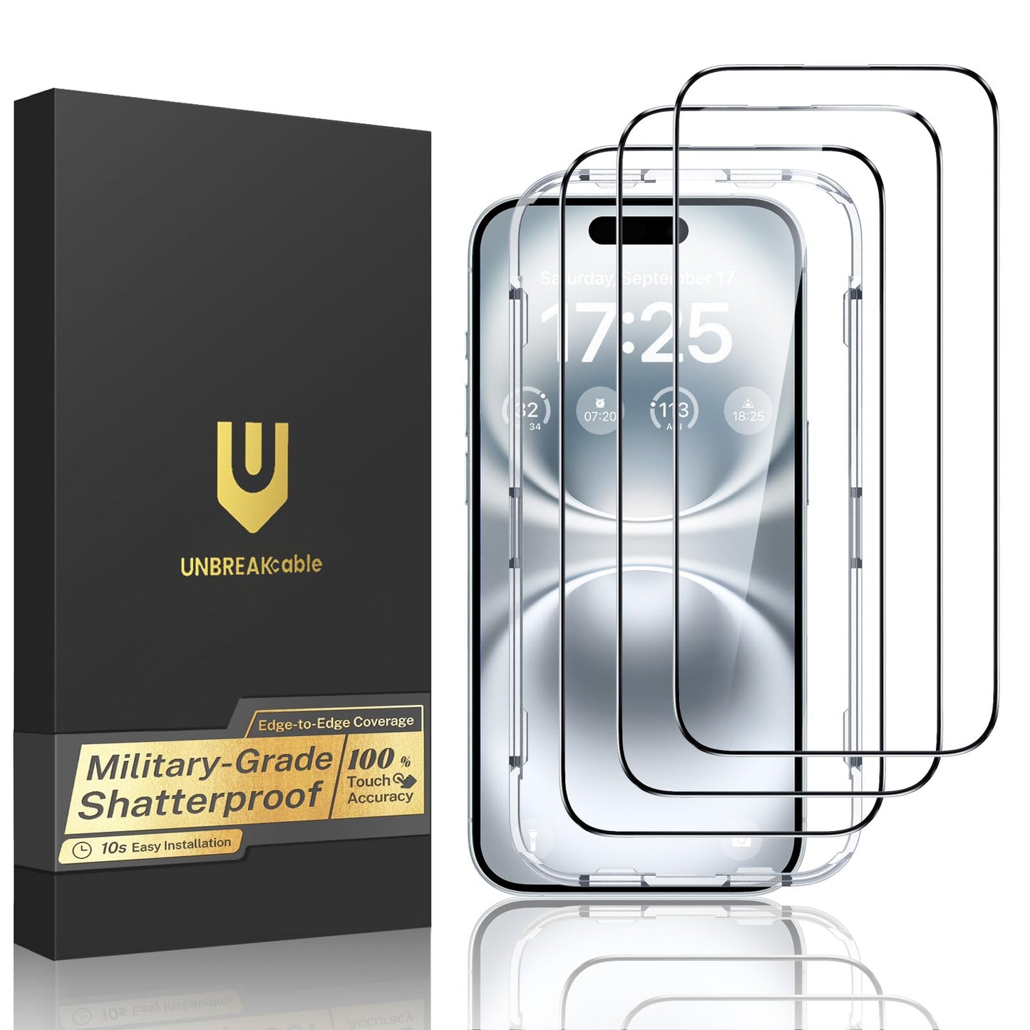 UNBREAKcable for iPhone 16 Screen Protector, 3-Pack Full Coverage Tempered Glass [Military Grade Shatterproof] [9H Hardness] [Easy Installation Frame] [Bubble Free] for iPhone 16 6.1"