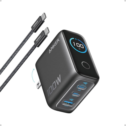 Anker 100W Max USB C Charger, 3-Port GaN Phone Charger with Smart Display | Ultra-Compact Fast Laptop Charger with Touch Control for iPhone 17 Series,iPad,MacBook Pro/Air(Include Cable,Non-Battery)