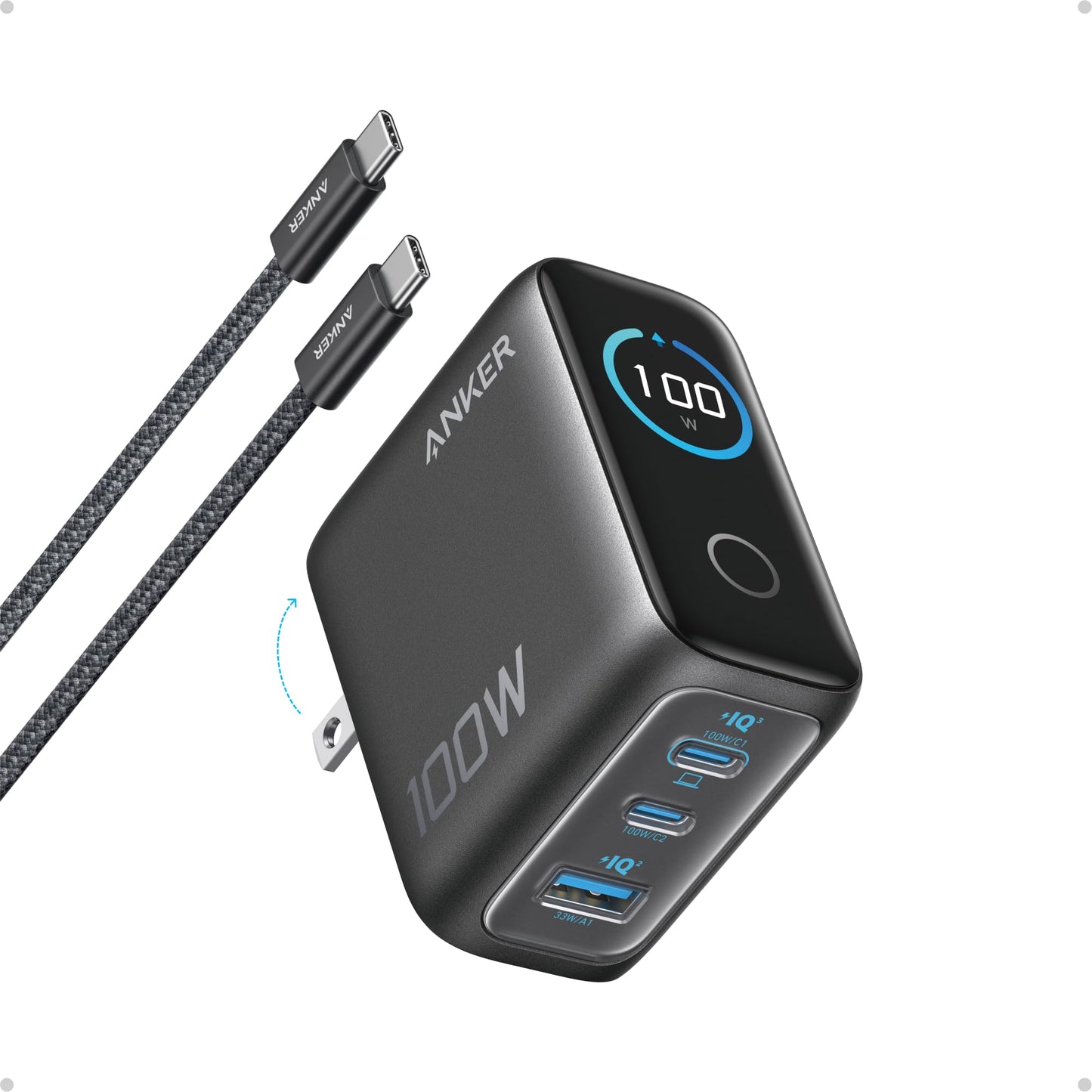 Anker 100W Max USB C Charger, 3-Port GaN Phone Charger with Smart Display | Ultra-Compact Fast Laptop Charger with Touch Control for iPhone 17 Series,iPad,MacBook Pro/Air(Include Cable,Non-Battery)