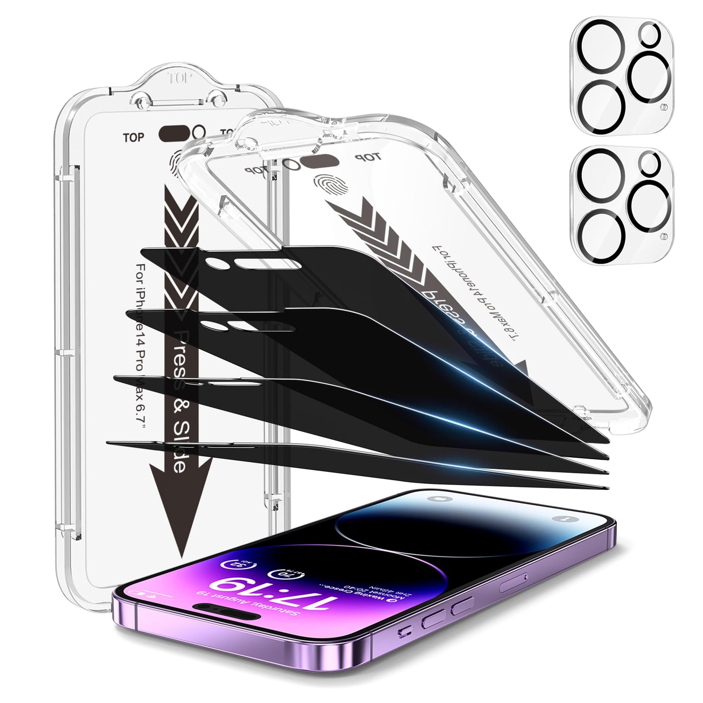 EZ-GLAZ-4+2 Pack for iPhone 15 Plus Privacy Screen Protector (6.7") | 2-Pack Lens Protectors, Alignment Kit, Easy Installation, 9H+ Tempered Glass, Scratch Resistant, 28° Privacy Protection