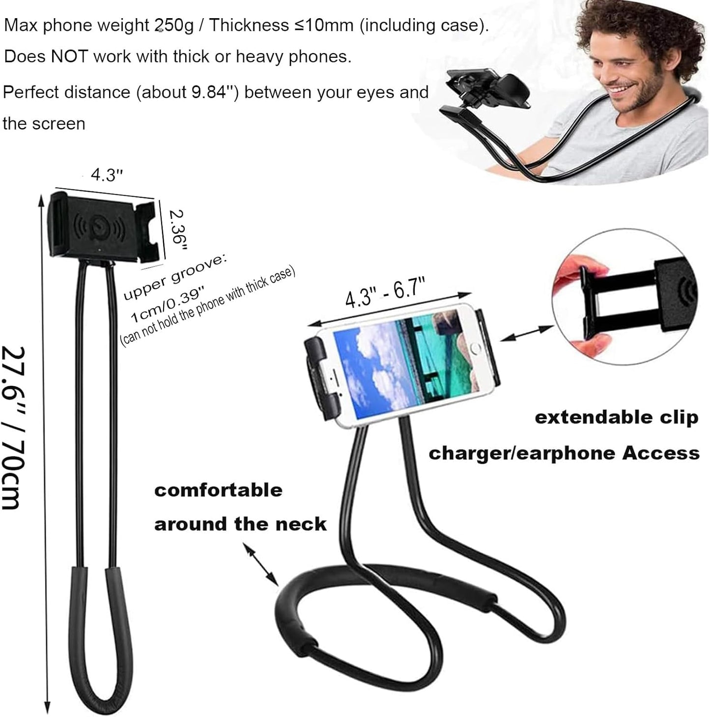 Cell Phone Stand Hanging on Neck Upgraded, Hands-Free Mobile Phone Holder Clip on Bed/Table 360° Rotation iPhone Tablet Mount Bracket, 27.6''/70 cm Length for 4.7''-6.7'' Screen