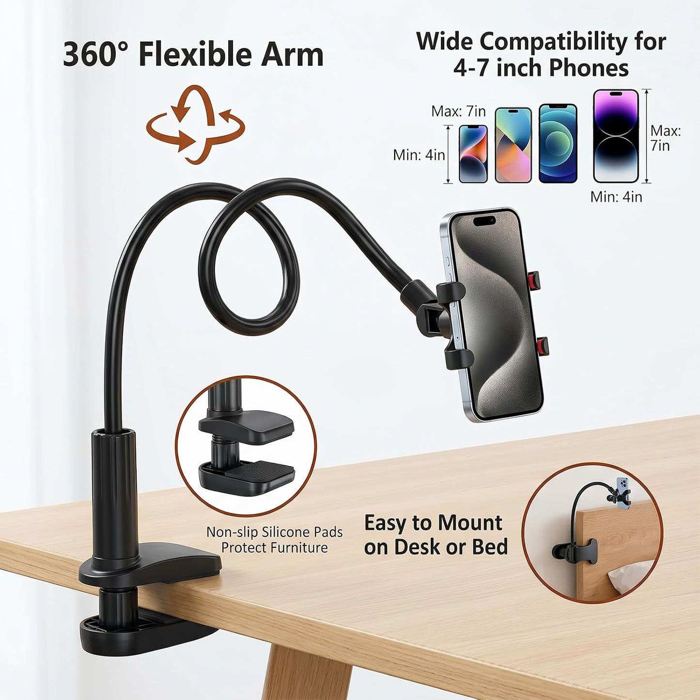Cell Phone Stand Universal Lazy Bracket Adjustable Gooseneck Phone Holder 360 Degree Rotation Flexible Long Arm Cellphone Stand Clamp Mount for Desk Bed Holder for Most Cellphone,Black