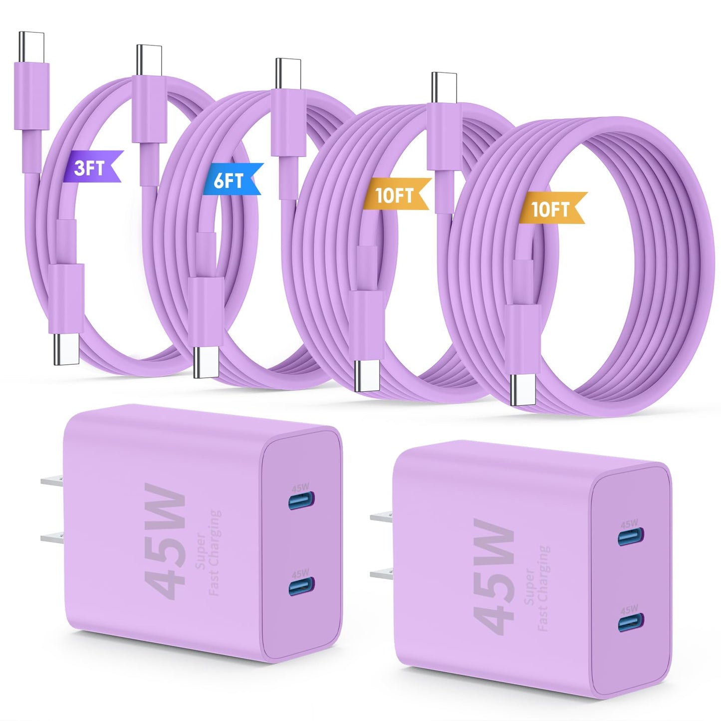 QZIIW Super Fast Samsung Charger Type C,45W Dual Port USB C Fast Charger | Extra Long 60W 3/6/10/10FT USB C Cable - [2-Pack]PD Quick Charging 3.0 For Samsung Galaxy S26 S25 Ultra/S24+/S23 iPhone 17 16