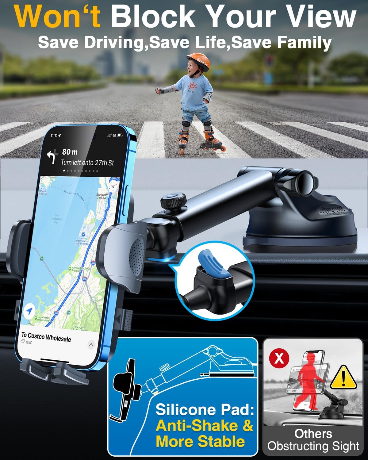 YRU True Military-Grade [360° Rotation Suction] 2026 Ultimate Car Phone Holder Mount【90+LBS Safest Strongest & Patent Certs】 Dash Windshield for iPhone 17 16 Pro Max Speakerphones, Gloss Black