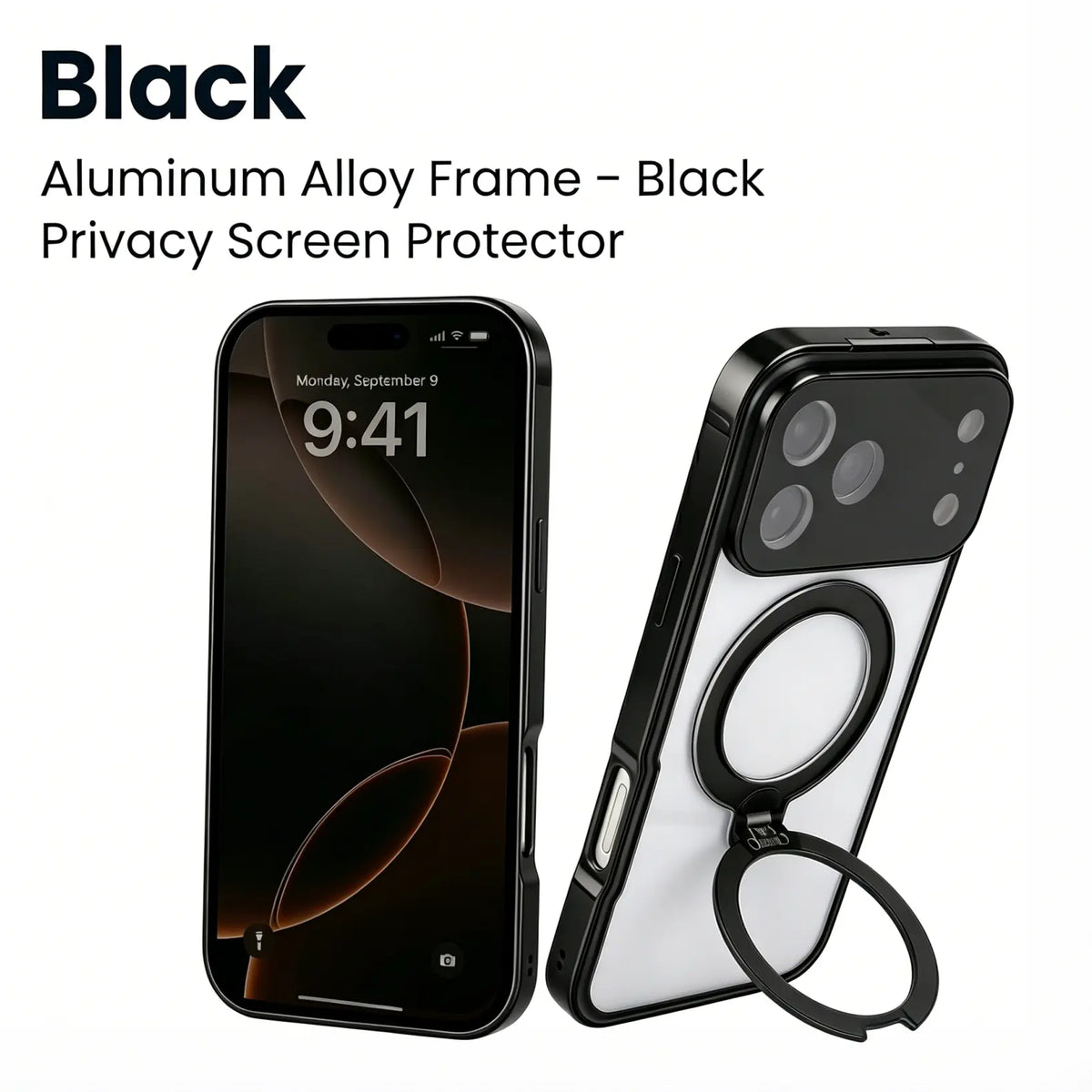 6-in-1 Tempered Privacy Screen Protector Aluminum Frame Casing for iPhone 15/16/17 Pro Max, Full Body Shockproof Protection Phone Accessories, Adjustable 360° Rotatable Kickstand, MagSafe Compatible, Wireless Charging, Ideal for Office, Travel