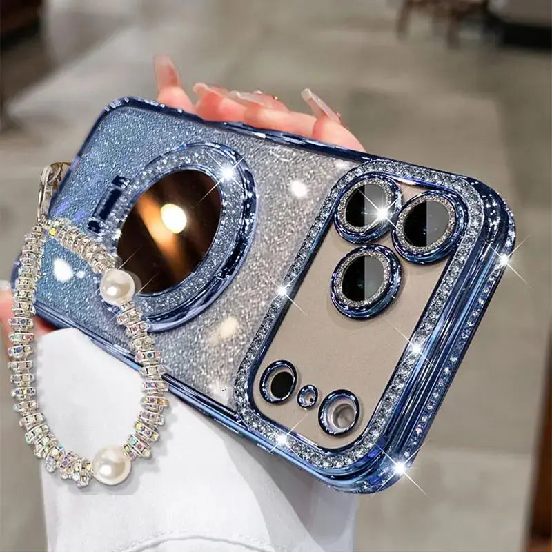 Women's Phone Case with Mirror & Stand for iPhone 12/13/14/15/16/17 Pro Max,17Air,14/15/16 Plus. Features a shiny frame and full-body drop-resistant design.