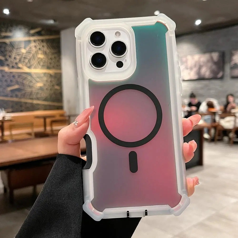 Luxury For Magsafe Laser Dazzling Armor Phone Case For iPhone 17 16 15 14 13 Pro Max Wireless Charging Dual Layer Protection Cover Smartphone Cellphone