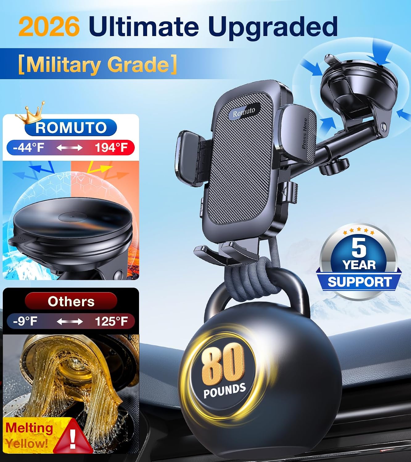 Romuto Car Phone Holder Mount [True Military-Grade Suction & Stable Vent] | Phone Holders for Your Car Phone Mount Car Accessories Suction Phone Mount for Jeep BMW Truck Cradle Stand for iPhone Samsung
