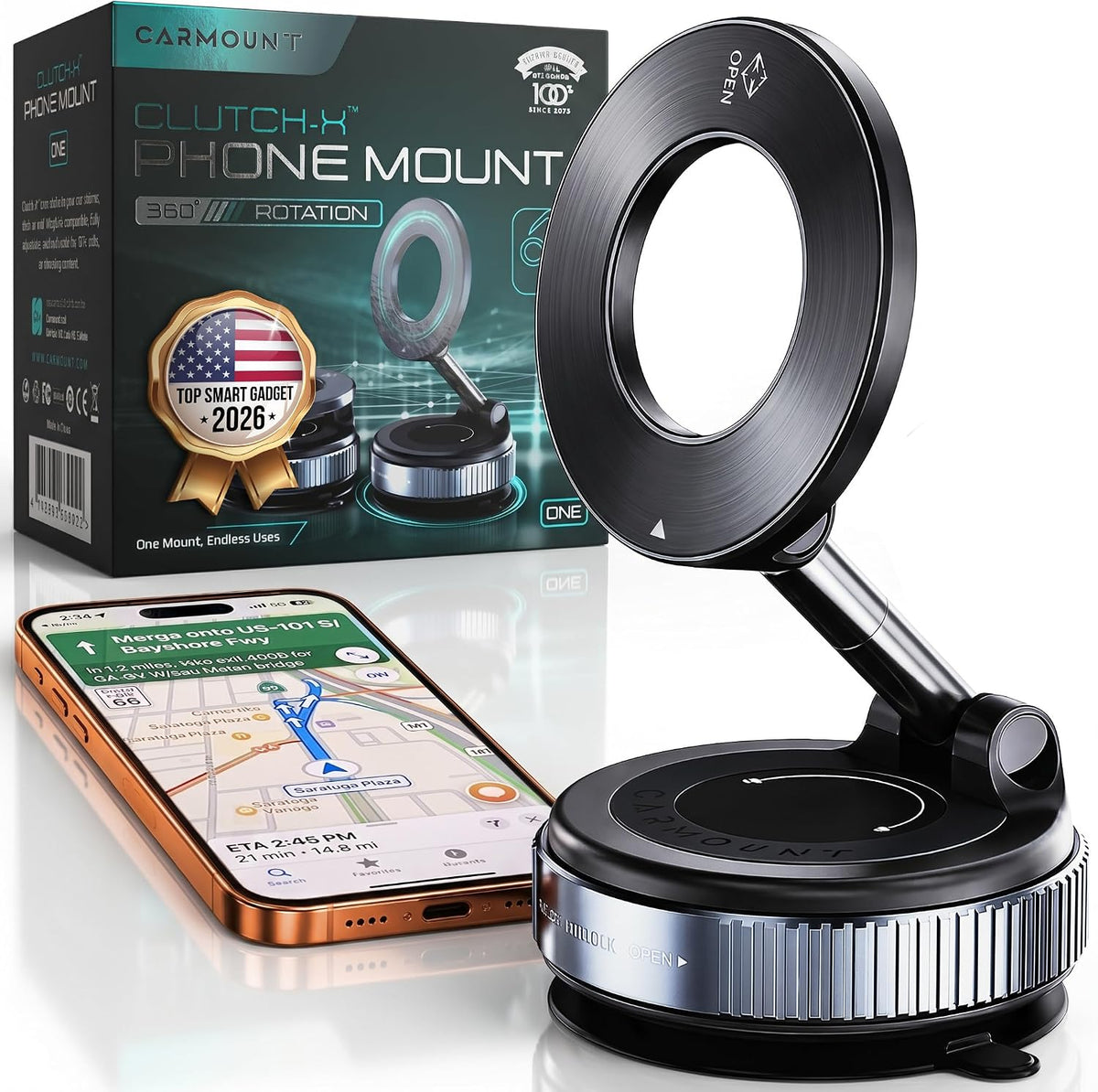 Clutch-X™ Black – Vacuum Phone Mount Suction Cup Car Phone Holder for iPhone, Window Phone Mount for Travel, 360° Vacuum Magnetic Phone Holder for Car, Magnetic Phone Holder with Suction Cup