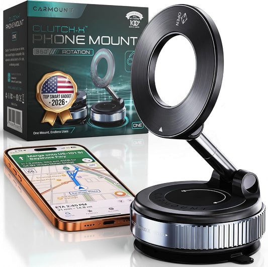 Clutch-X™ Black – Vacuum Phone Mount Suction Cup Car Phone Holder for iPhone, Window Phone Mount for Travel, 360° Vacuum Magnetic Phone Holder for Car, Magnetic Phone Holder with Suction Cup