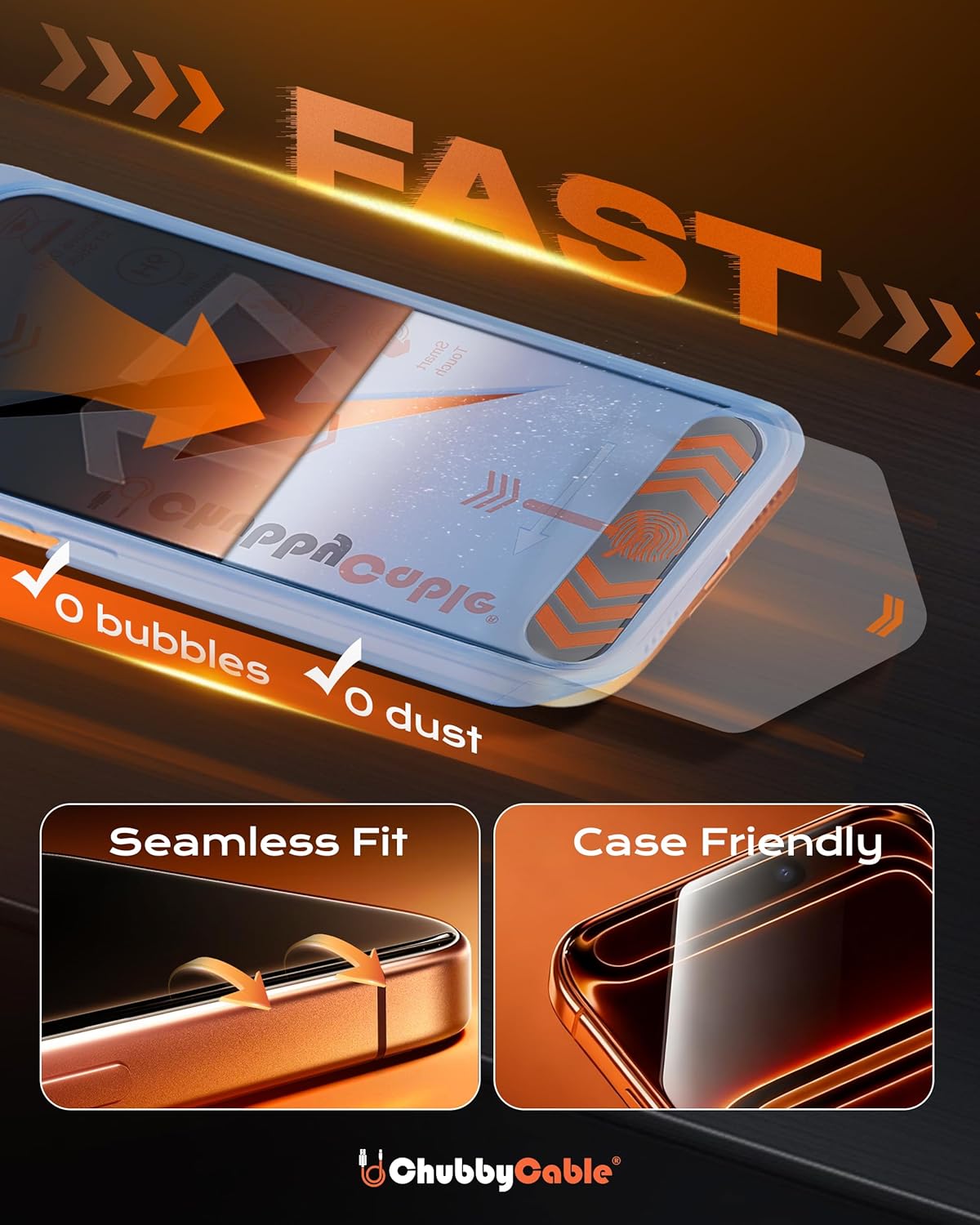chubbycable HD Glass Screen Protector for iPhone 17 Pro Max, 2 Pack | Tempered Glass, Ultra-Easy Install Box, Auto Dust-Elimination, Bubble Free, High Clarity, Smooth Touch, Daily Protection