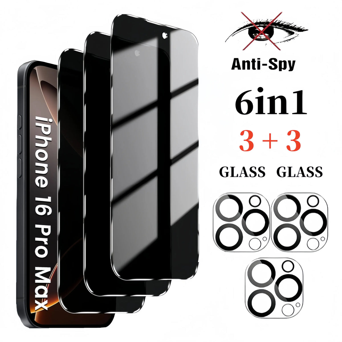 [8in1] 5-Piece Privacy Screen Protector for iPhone 16E 16 15 14 13 17 Pro Max Plus 17 Air with 3-piece Camera Lens Protector Anti Spy Tempered Glass Film 9H Hardness Case Friendly