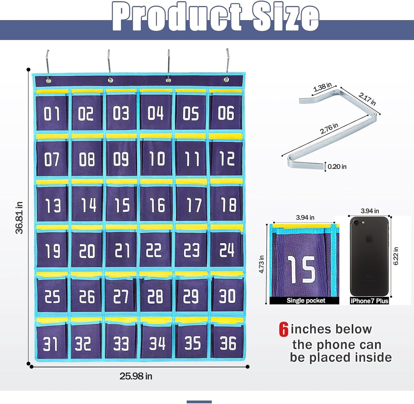 Loghot 36 Numbered Pockets Classroom Pocket Chart for Cell Phone Holder | Wall Door Hanging Pocket Organizer for Phone Calculator Holder, Phone Pouch for School Classroom & Office Phone Management