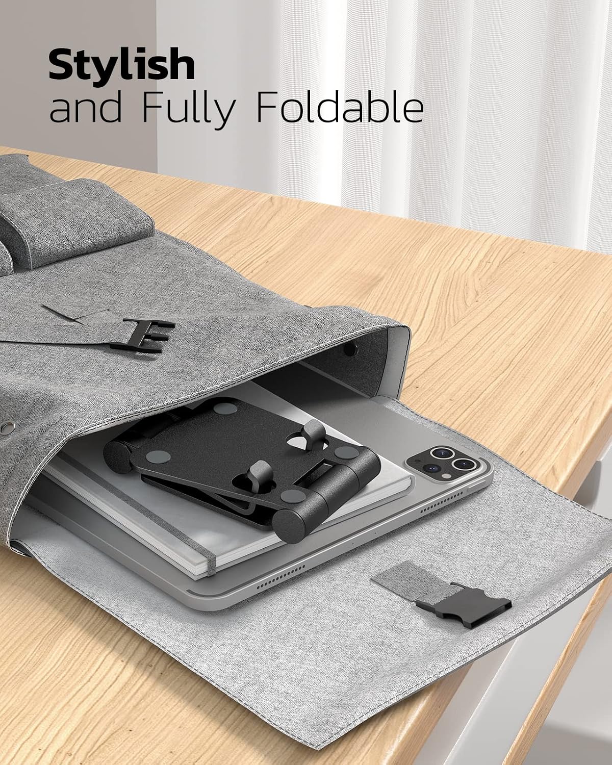 Nulaxy 2 Pack Aluminum Dual Folding Cell Phone Stand for Desk, Black&Silver | Height Angle Adjustable, Portable Phone Holder Fits 18mm Thick Case, Anti-Slip Base, Smartphone Desktop Essential Accessory