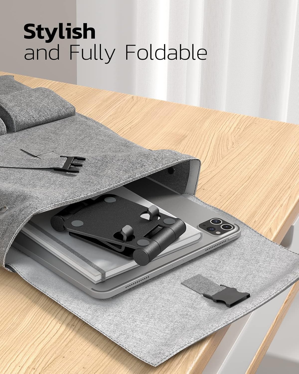 Nulaxy 2 Pack Aluminum Dual Folding Cell Phone Stand for Desk, Black&Silver | Height Angle Adjustable, Portable Phone Holder Fits 18mm Thick Case, Anti-Slip Base, Smartphone Desktop Essential Accessory