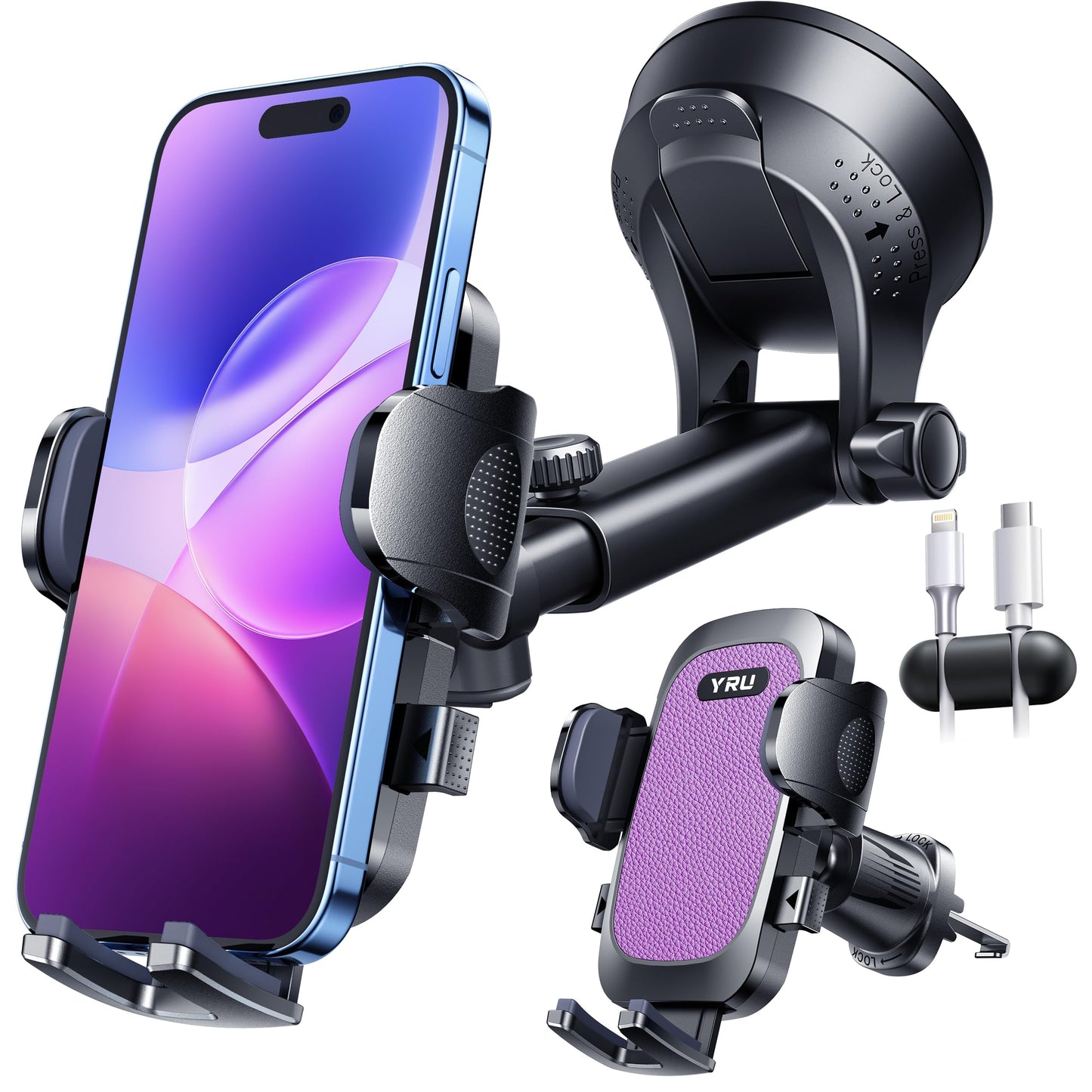 YRU True Military-Grade [360° Rotation Suction] 2026 Ultimate Car Phone Holder Mount【90+LBS Safest Strongest & Patent Certs】 Dash Windshield for iPhone 17 16 Pro Max Speakerphones, Gloss Black