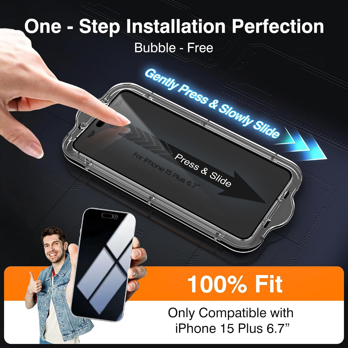 EZ-GLAZ-4+2 Pack for iPhone 15 Plus Privacy Screen Protector (6.7") | 2-Pack Lens Protectors, Alignment Kit, Easy Installation, 9H+ Tempered Glass, Scratch Resistant, 28° Privacy Protection