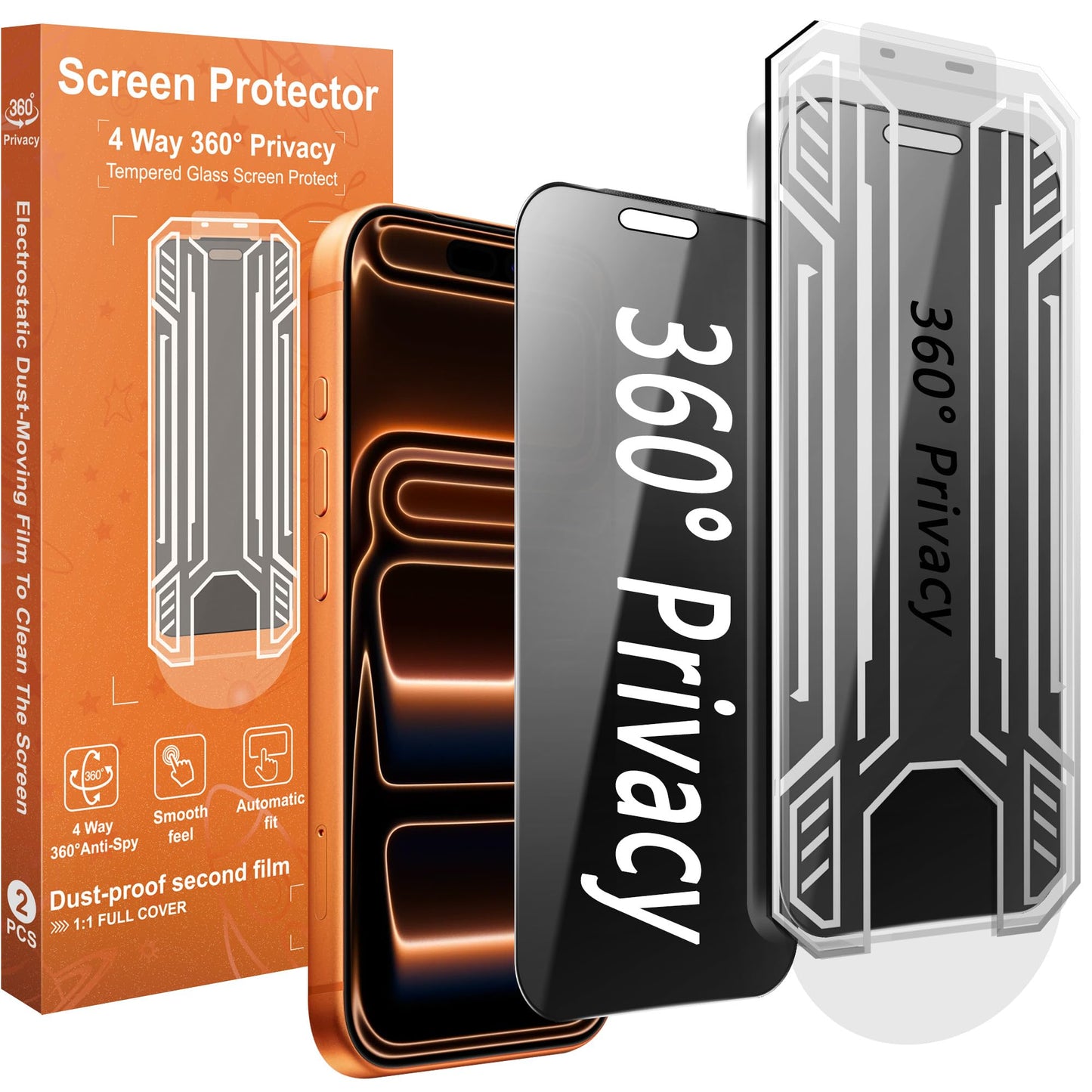 360° 4 Way Privacy Screen Protector for iPhone 16 Pro Max [2 Pack], Anti-Spy Tempered Glass, 9H Hardness Shatterproof, 3D Curved Edges, Case-Friendly, Bubble-Free Easy Installation