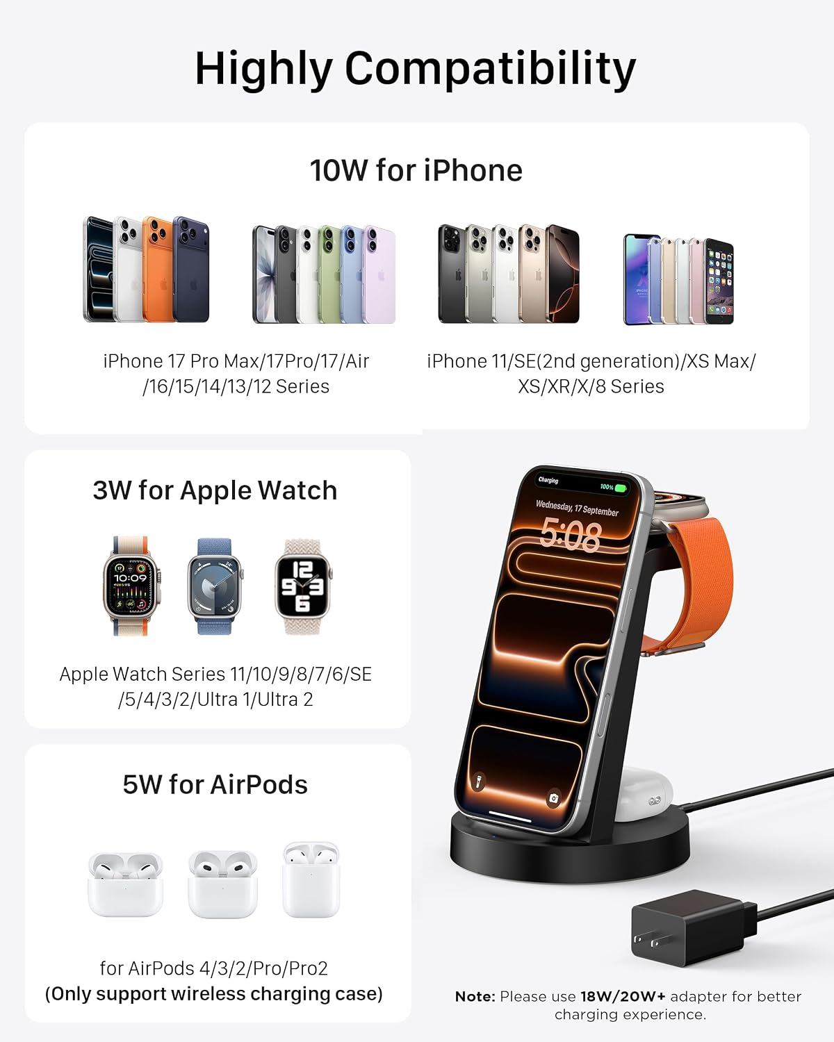 Anlmz 3 in 1 Charging Station for iPhone, Wireless Charger for iPhone 17 16e 16 15 14 13 12 11 X Pro Max & Apple Watch - Wireless Charging Station for AirPods 4 3 Pro