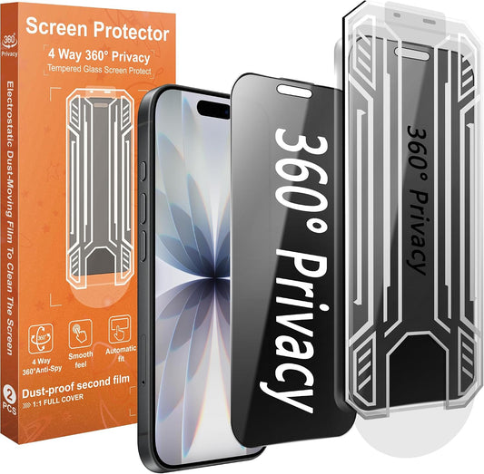 360° 4 Way Privacy Screen Protector for iPhone 17 / iPhone 16 Pro [2 Pack], Anti-Spy Tempered Glass, 9H Hardness Shatterproof, 3D Curved Edges, Case-Friendly, Bubble-Free Easy Installation