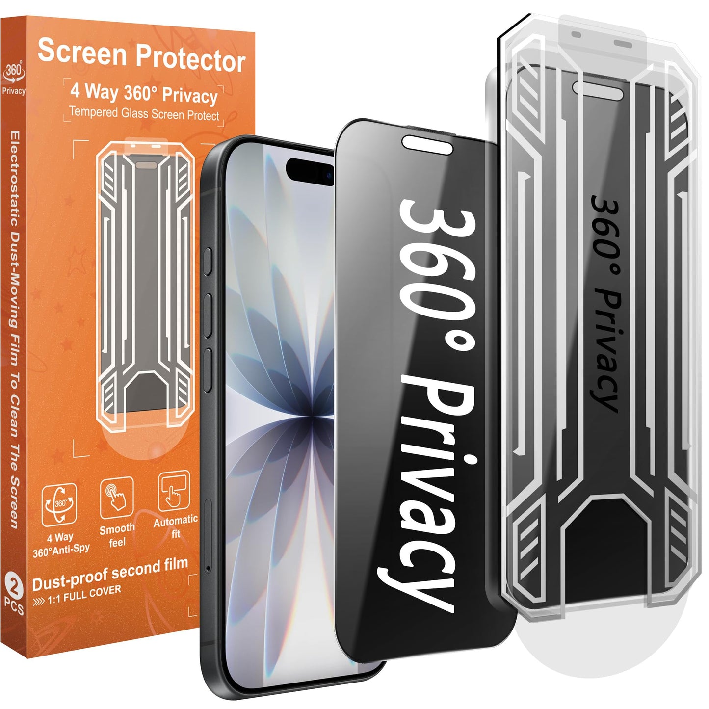 360° 4 Way Privacy Screen Protector for iPhone 16 Pro Max [2 Pack], Anti-Spy Tempered Glass, 9H Hardness Shatterproof, 3D Curved Edges, Case-Friendly, Bubble-Free Easy Installation