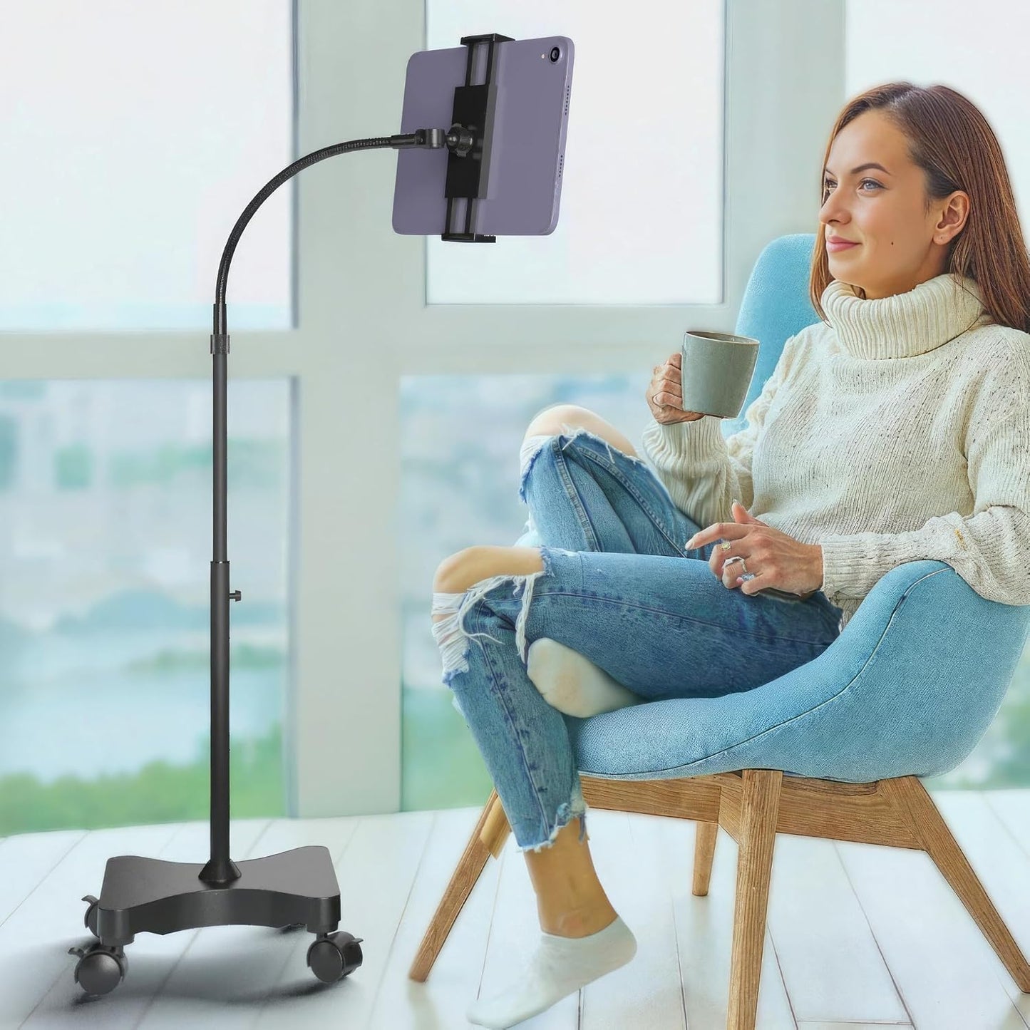 LEVO Rolling Gooseneck Tablet Floor Stand, iPad & Phone Holder, Black | Adjustable height 30-60 in, sturdy bendable arm, locking casters, overbed reach for bed, desk, workout, reading and streaming