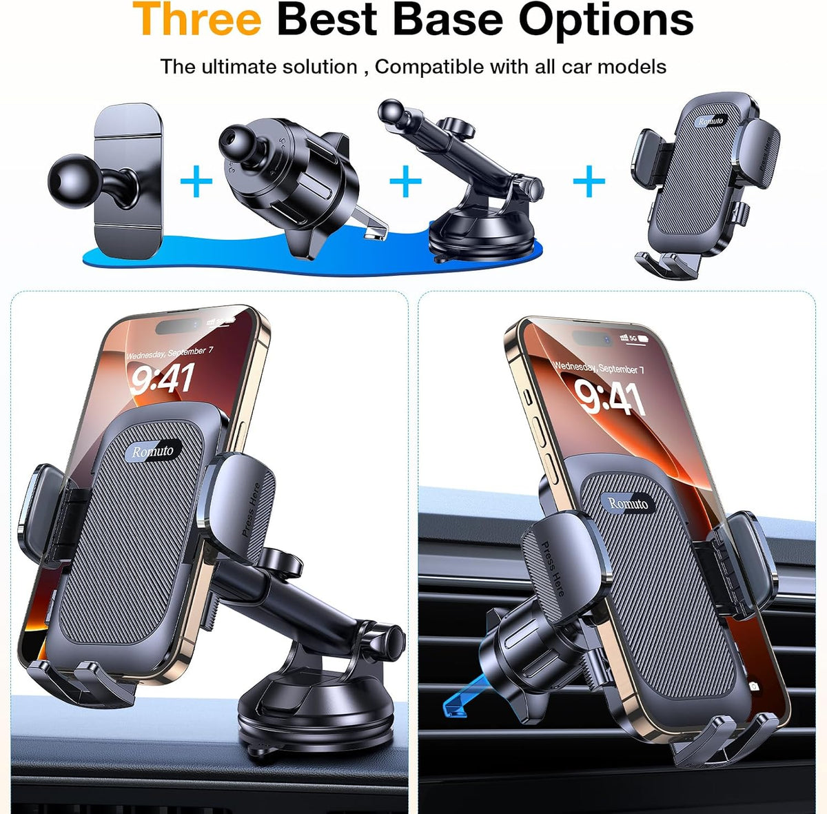 Romuto Car Phone Holder Mount [True Military-Grade Suction & Stable Vent] | Phone Holders for Your Car Phone Mount Car Accessories Suction Phone Mount for Jeep BMW Truck Cradle Stand for iPhone Samsung