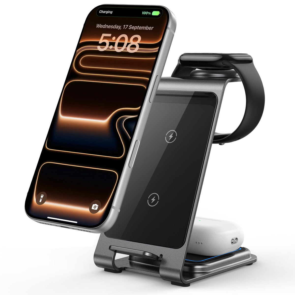 Intoval Aluminum 3 in 1 Wireless Charging Station for iPhone 17 16 15 14 13 12 11 Pro Max XR, Wireless Charger for Apple Watch 11 10 9 8 7 Ultra SE 3 2, Phone Charger for AirPods 4 Pro 2 3 (Grey)
